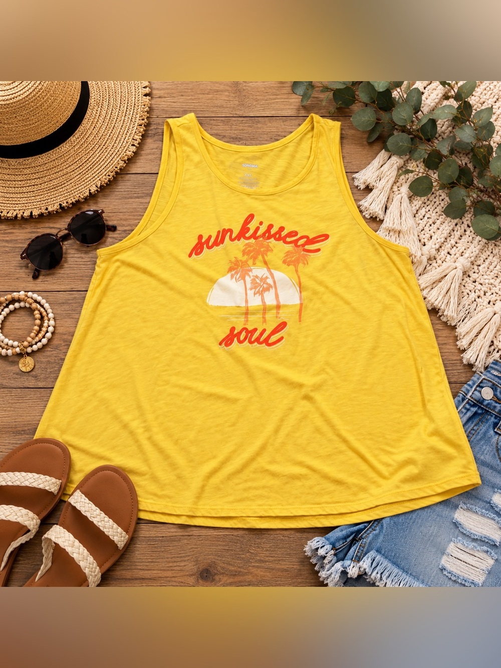 Sonoma XXL Sunkissed Soul Yellow Graphic Tank Top Palm Tree Beach Boho